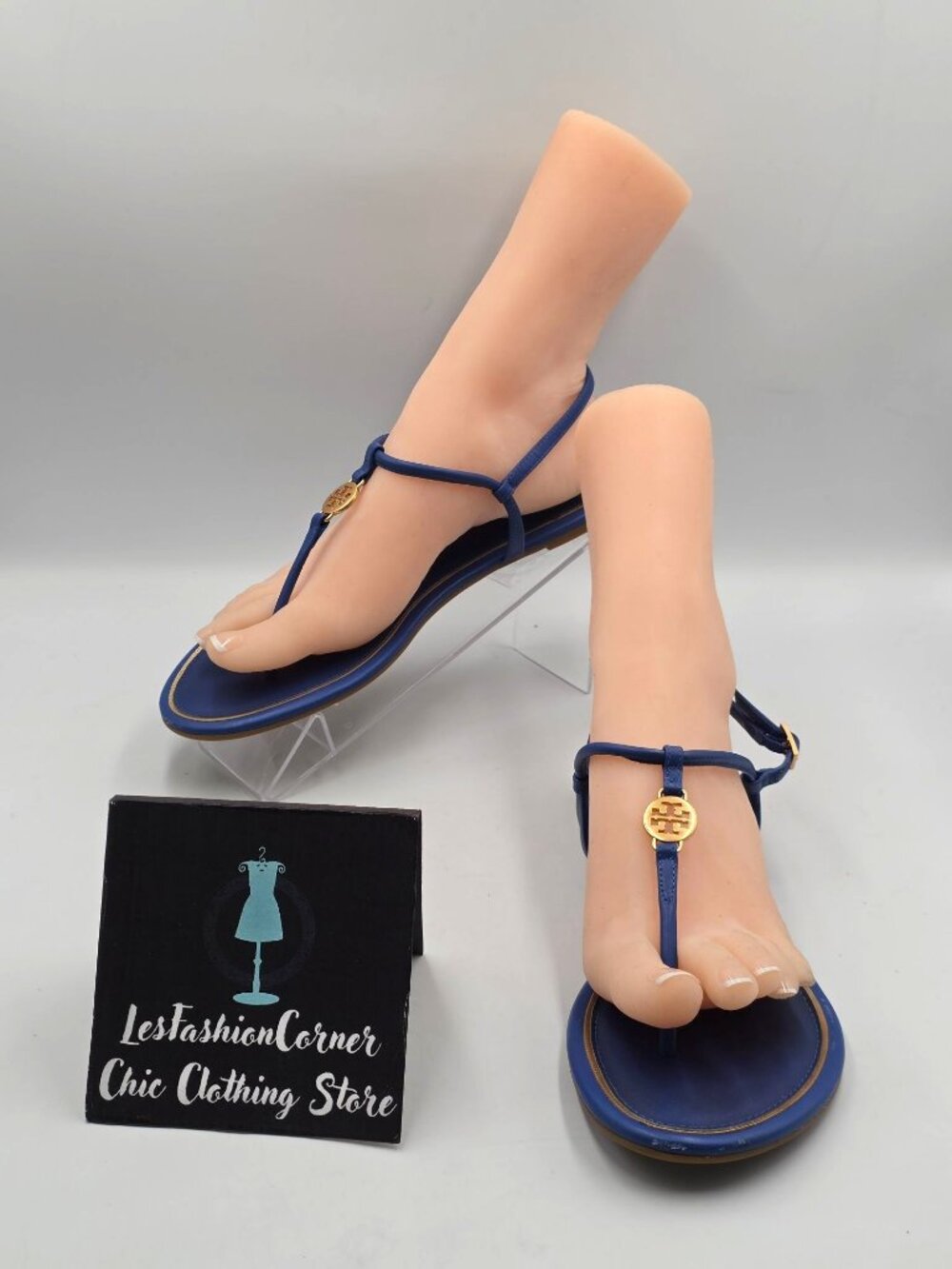 Tory Burch Women's Blue Leather Emmy Thong Gold Logo Flat Sandal Size 9.5 3825